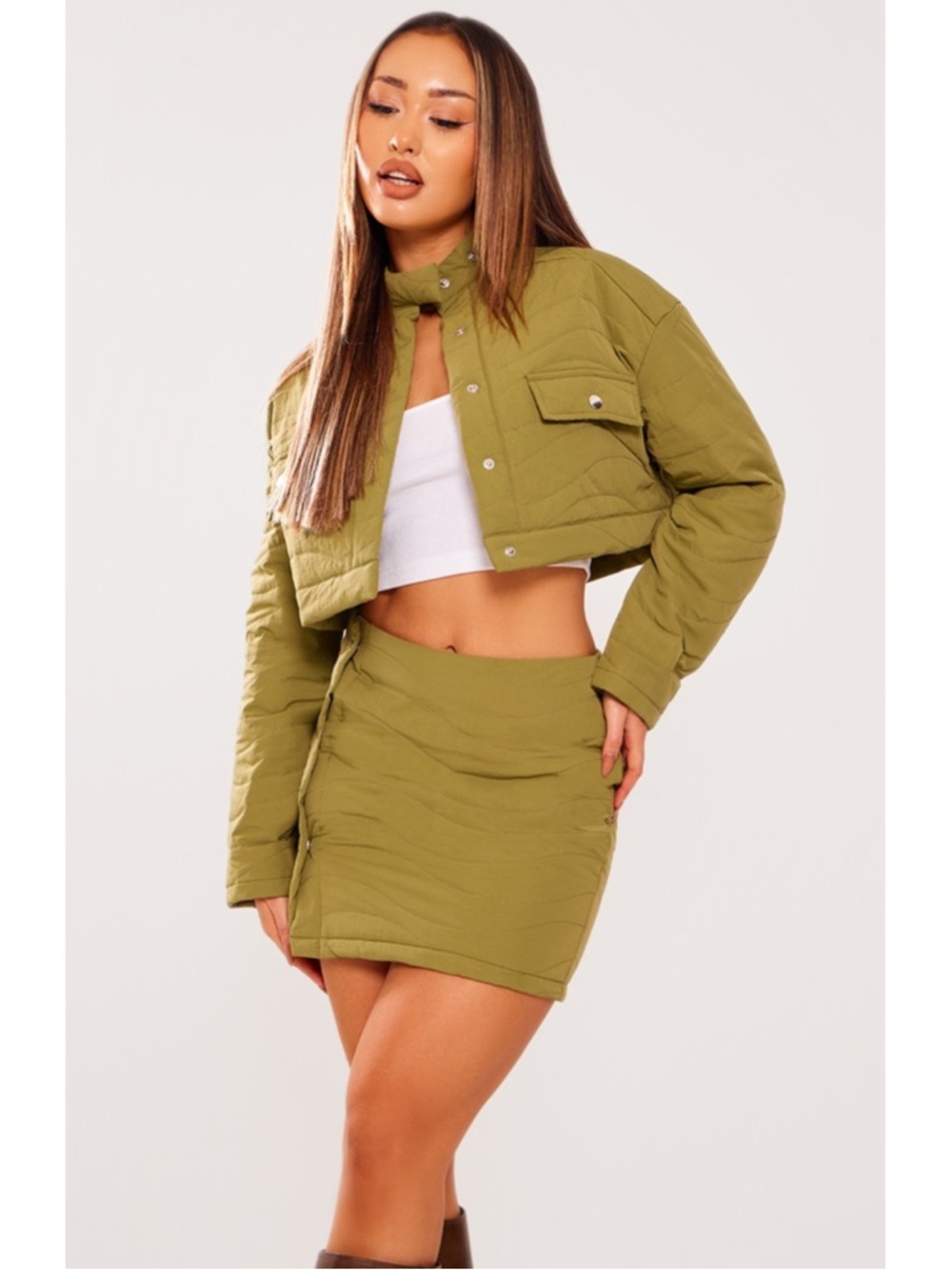 Petite Khaki Quilted Quilted Button Mini Skirt